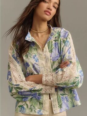 Anthropologie Especia Marigold Top NWT size M; Floral Lace-Trim Button-Up Top